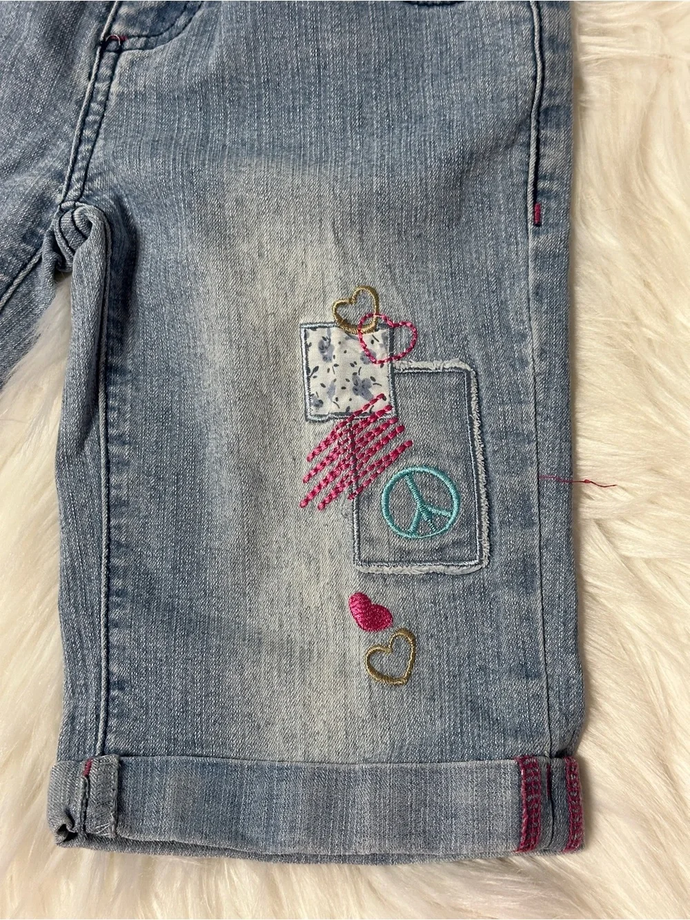 total girl Light Wash Denim Shorts with Pink & Teal Embroidery